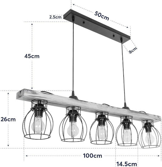 GloboStar Barista Pendant Light Black Rail for 5 Bulbs E27 100x14.5x26cm