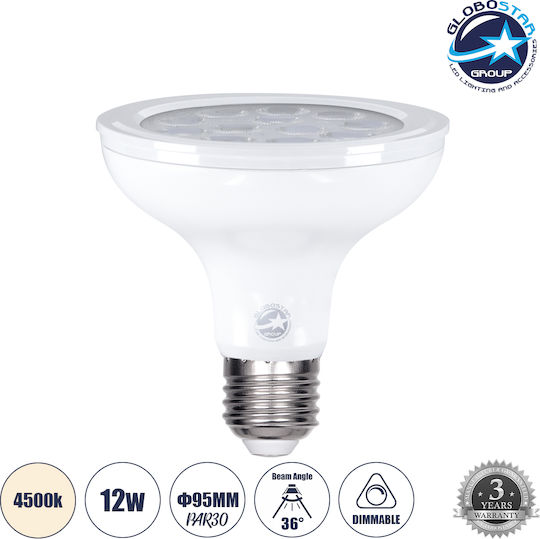 GloboStar LED-Lampe 12W 95mm für Fassung E27 und Form PAR30 Naturweiß 1164lm Dimmbar