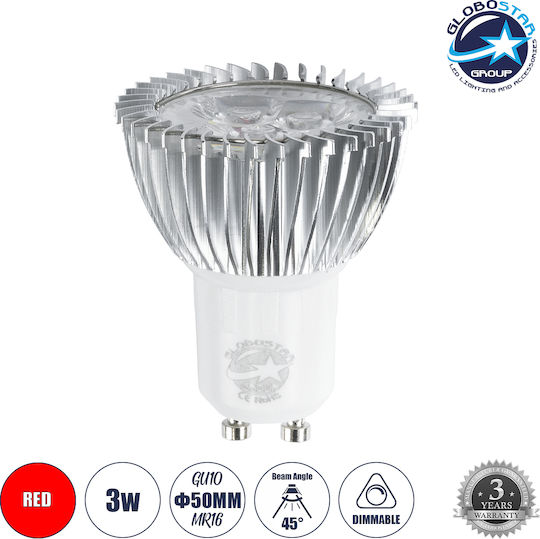 GloboStar LED Bulb 3W For GU10 Socket And MR16 Shape Red 250 Lumen Dimmable