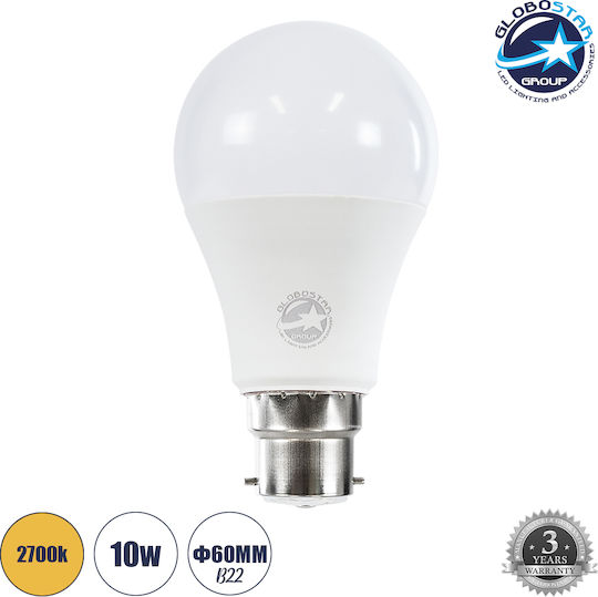 GloboStar LED Bulb 10W 110mm for Socket B22 and Shape A60 Warm White 940lm Dimmable