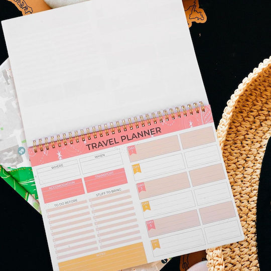 Agendă Planificator de Călătorii în Engleză Organizator Complet Vacanțe Excursii Legătură Spiralată 52 Pagini 25 X 18 Cm Hârtie 120 Gsm Alb Portocaliu