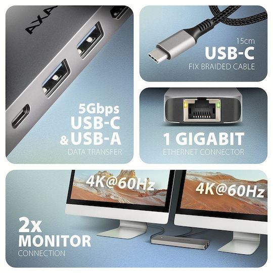 Axagon USB-C Dockingstation mit HDMI 4K PowerDelivery Ethernet und Bildschirmverbindungen 2 Monitore Grau