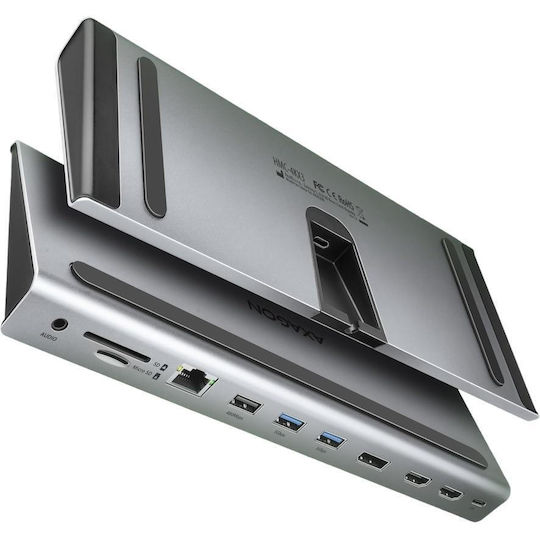Axagon USB-C Docking Station mit HDMI/DisplayPort 4K PD Ethernet und Verbindung 3 Monitore Gray (HMC-4KX3)