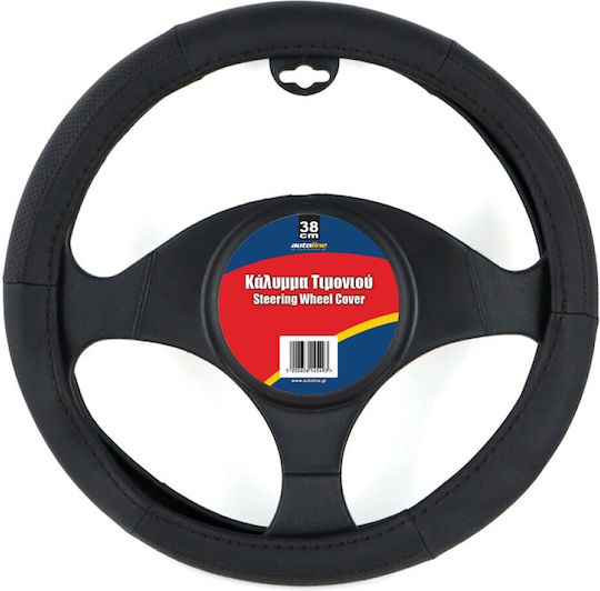 Autoline Car Steering Wheel Cover with Diameter 38cm made of Leatherette Black with Black Stitching