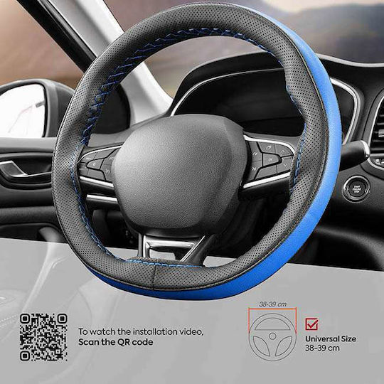 Otom Car Steering Wheel Cover Otom Stitching Tailored with Diameter 37-39cm made of Leatherette Black with Blue Stitching