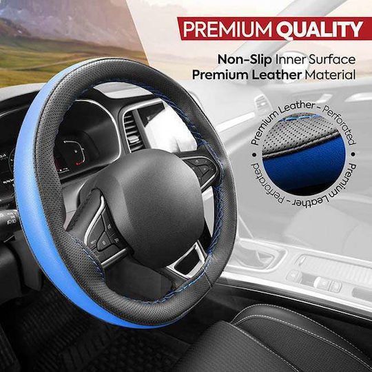 Otom Car Steering Wheel Cover Otom Stitching Tailored with Diameter 37-39cm made of Leatherette Black with Blue Stitching