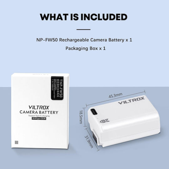 Baterie compatibilă Viltrox pentru Sony NP-FW50 cu port de încărcare USB-C