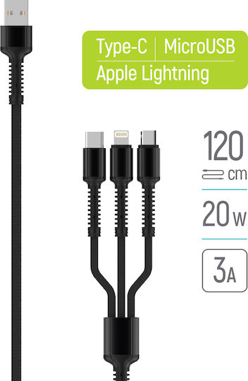 ColorWay Braided USB to Lightning / Type-C / micro USB Cable 4A Γκρι 1.2m (CW-CBU3003-GR)