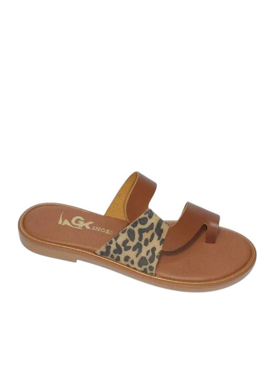 Leather Women's Flat Sandals in Tabac Brown Color