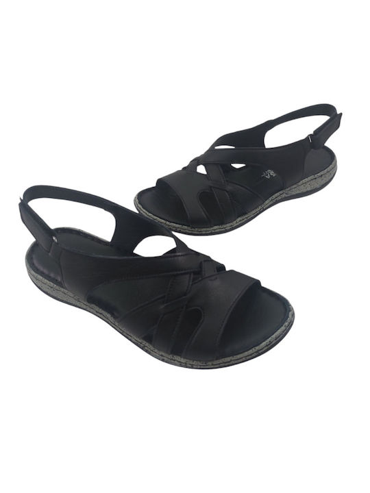 Leather Women's Flat Sandals in Black Color