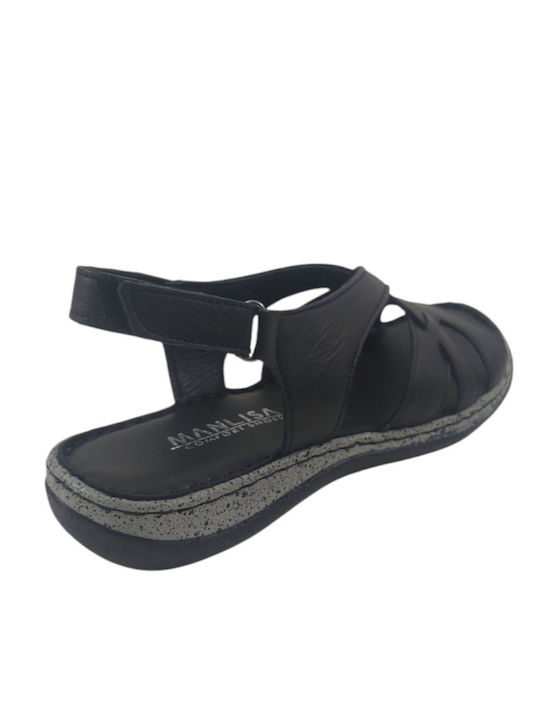 Leather Women's Flat Sandals in Black Color
