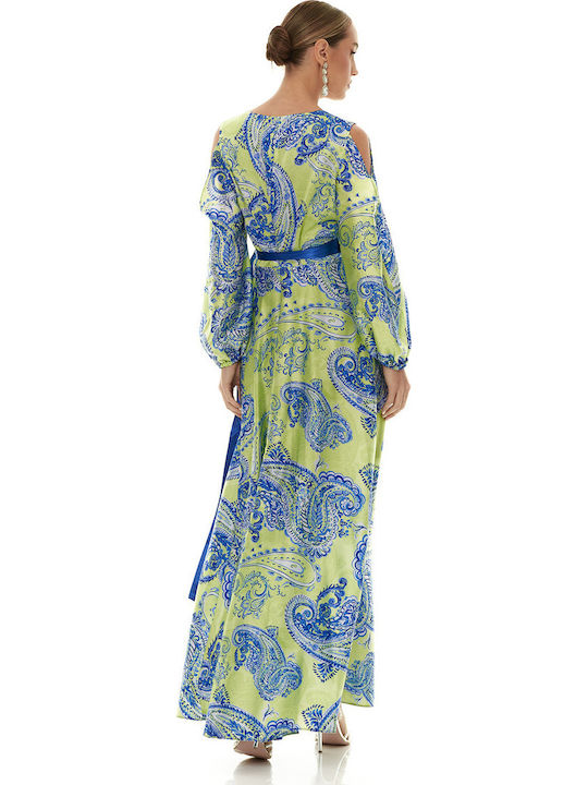 Rochie De Vară Maxi Pentru Nuntă / Botez Satin Albastru-Galben