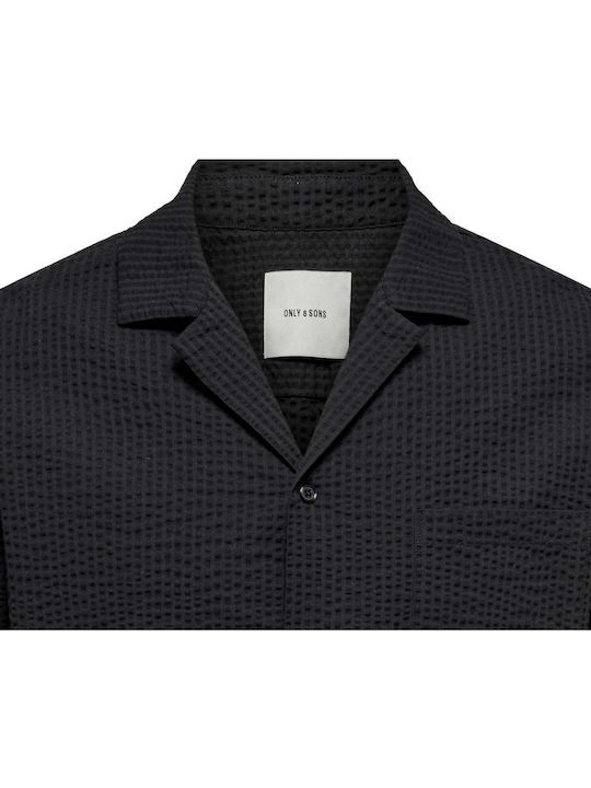 Short-sleeved Cotton Shirt in Wide Line Jet Black