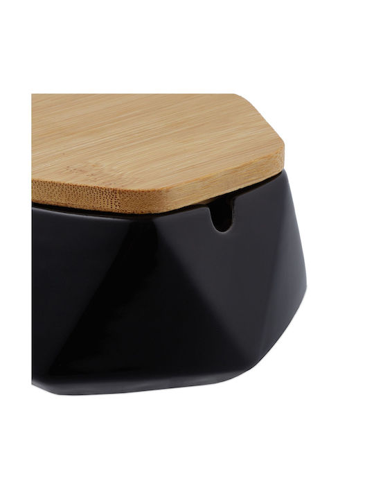 Capac Cenușar Hexagonal Ceramică Bambus 3 Suporturi pentru Țigări Negru Maro 6 X 11.5 X 10.5 Cm