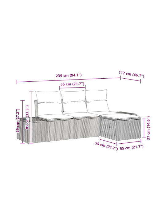 Corner Sofa Outdoor Rattan with Pillows 55x62x69cm