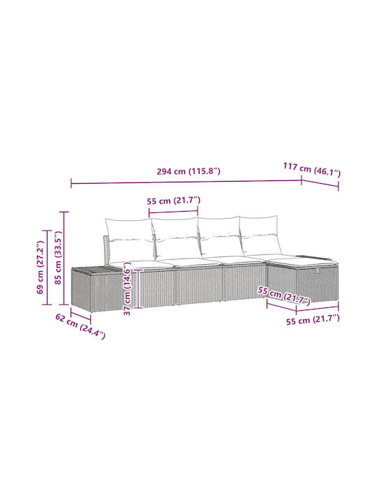 Corner Sofa Outdoor Rattan with Pillows 55x62x69cm