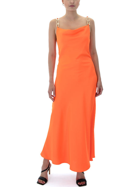 Summer Maxi Evening Dress Satin Draped Orange