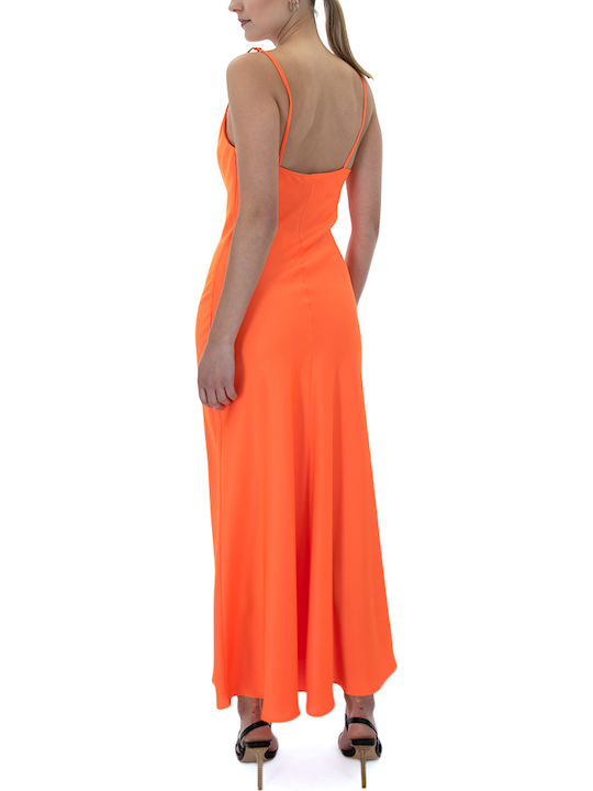 Summer Maxi Evening Dress Satin Draped Orange