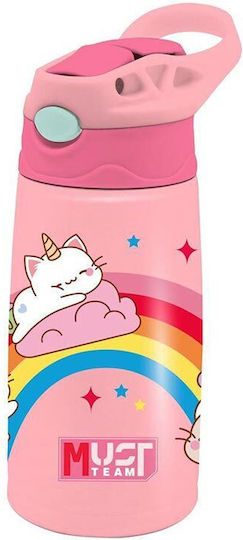 Must Team Kids Water Bottle Thermos Dinosaur Stainless Steel With Straw Pink 400ml
