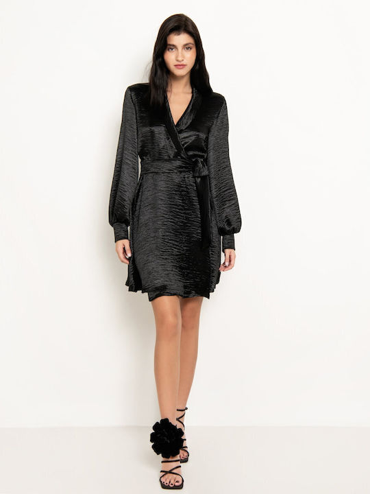 Mini Evening Dress Satin Wrap Black