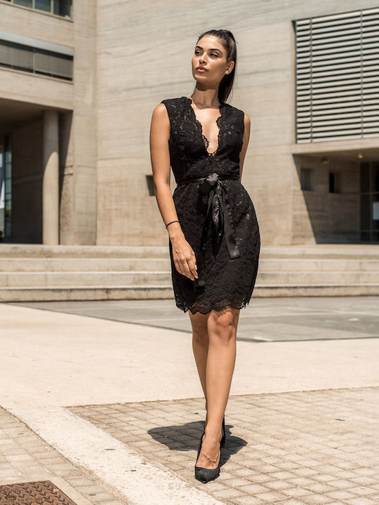 Summer Mini Evening Satin Dress with Black Lace
