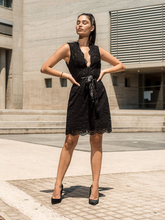 Summer Mini Evening Satin Dress with Black Lace