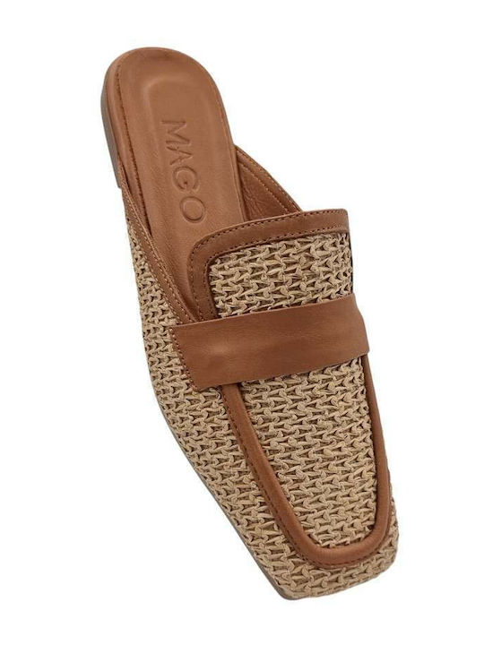 Flat Leather Mules in Tabac Brown Color