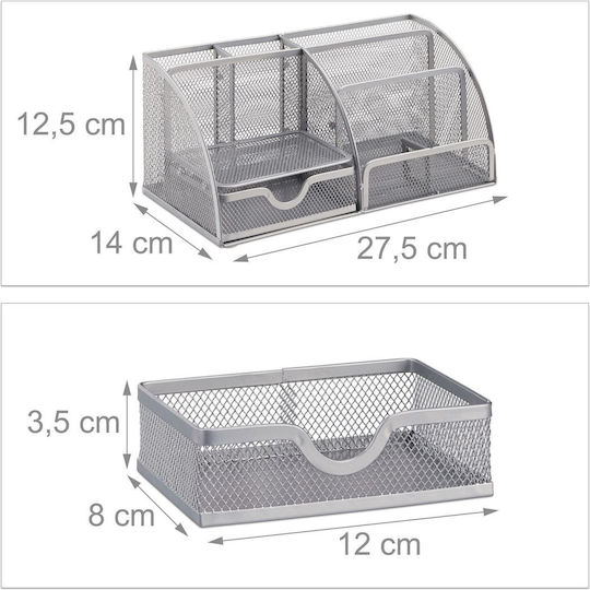 Organizator de birou din metal cu 6 compartimente și sertar argintiu 12,5 X 27,5 X 14 cm