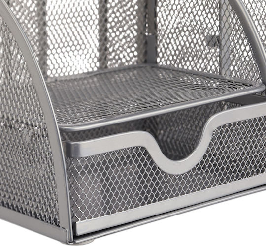Organizator de birou din metal cu 6 compartimente și sertar argintiu 12,5 X 27,5 X 14 cm
