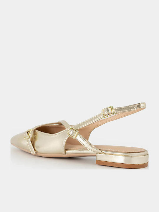 Leather Pointy Slingback Ballerinas With strap Gold