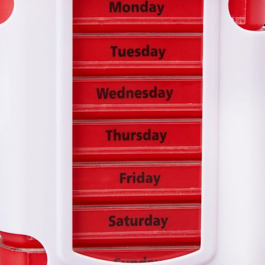 Organizator drăguț de pastile săptămânal de la Relaxdays, recipiente detașabile, 4 compartimente, alb roșu, 13 x 11.5 x 4.5 cm
