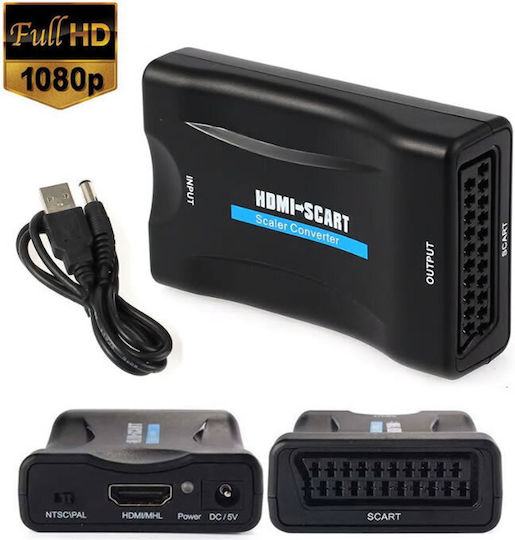 Adaptor HDMI La Scart Activ Full HD HDMI Digital La Analog Euroscart Convertor Feminin Conector Video Audio Sunet Cablu de Alimentare USB 5V
