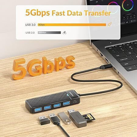 Idsonix USB 3.0 Хъб с 4 Порта USB-C Връзка и Зареждащ Порт Външно Захранване