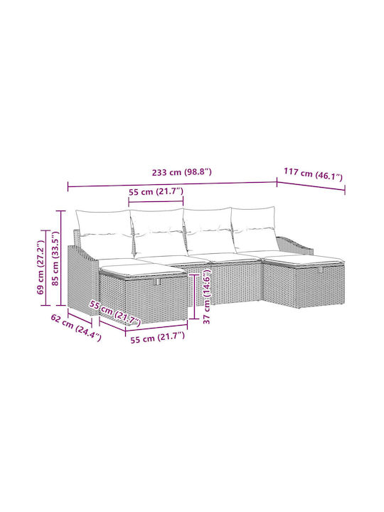 Corner Sofa Outdoor Rattan with Pillows 55x62x69cm