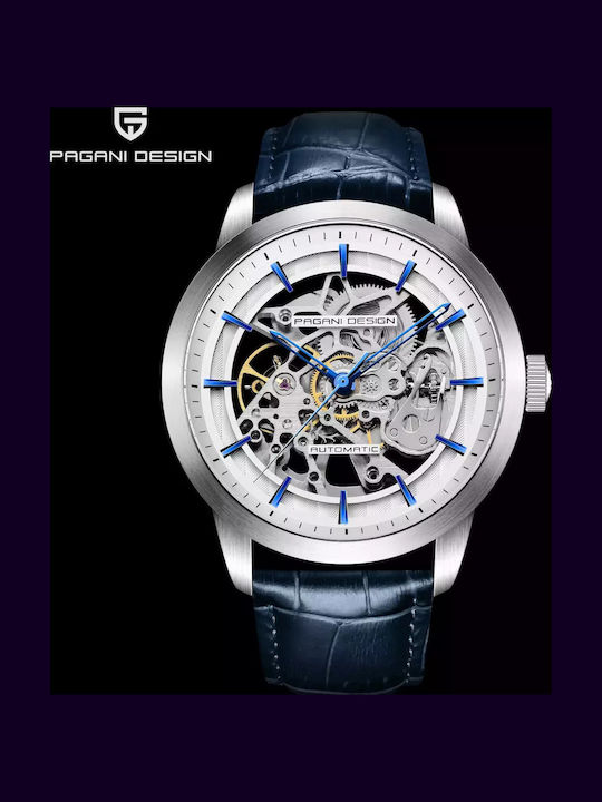 Pagani Design Мъжки Часовник 14мм Автоматичен с Синя Кожена Каишка