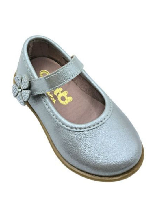 Kids Leather Ballerinas with Hoop & Loop Closure Silver