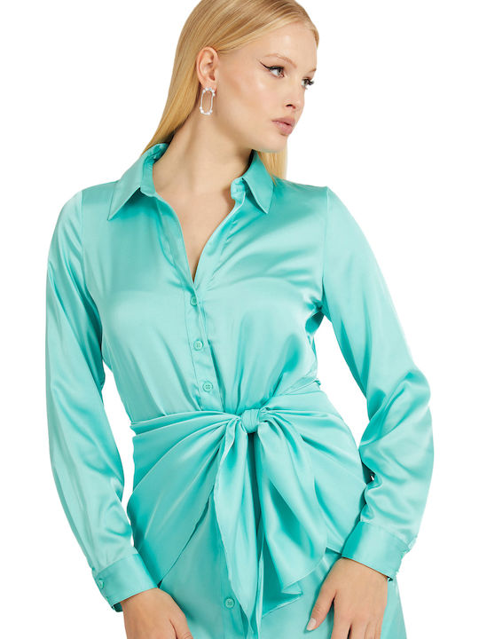 Mini Evening Shirt Dress Satin Wrap Turquoise