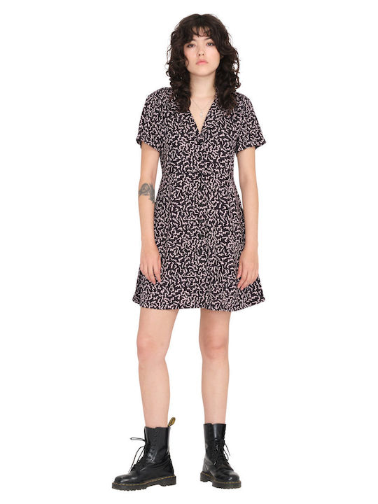 Stormy Tropix Sommer Mini Hemdkleid mit Rüschen Schwarz