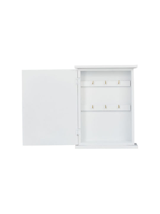 Дървена кутия за съхранение на ключове с 6 куки, размери 29 x 22 x 8 см, бяла, Relaxdays