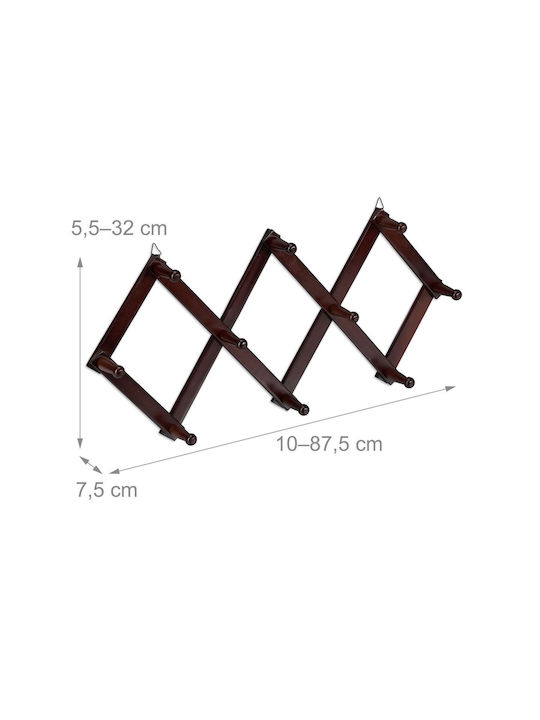 Cuier pliabil de perete cu 10 cârlige, dimensiuni 32 x 10 cm, maro închis Relaxdays