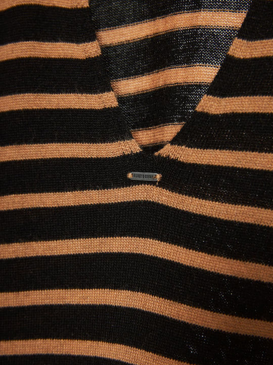Midi Damenkleid Gestrickt Wickel mit Tränen Gestreift FBL010-104-13-Mehrfarbig