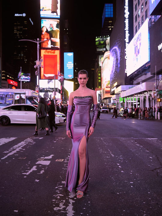 Maxi Evening Satin Dress with Tearing Purple