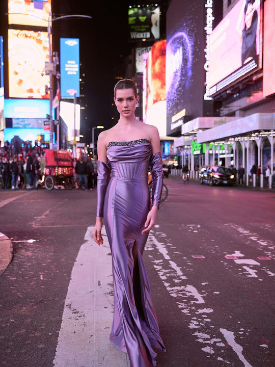 Maxi Evening Satin Dress with Tearing Purple