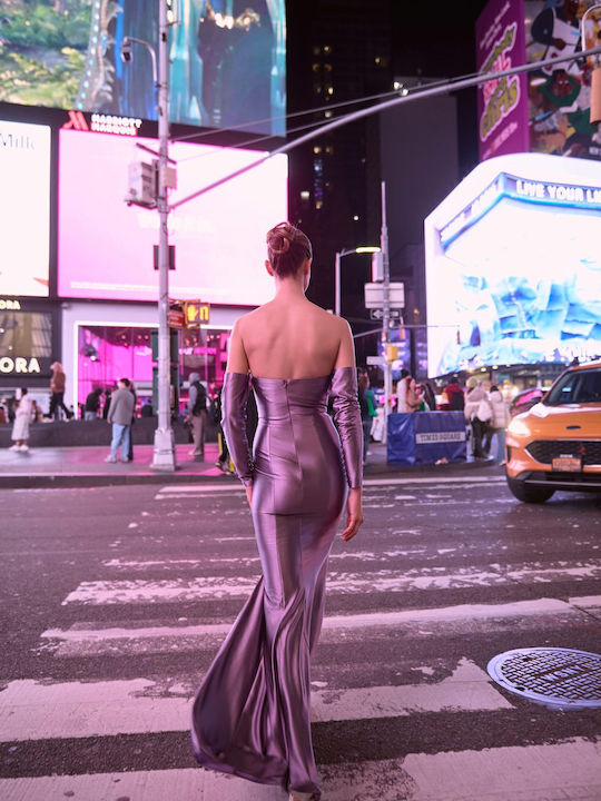 Maxi Evening Satin Dress with Tearing Purple