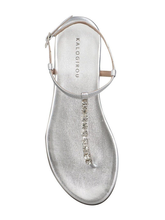 Leder Flache Sandalen für Damen in Silber Farbe