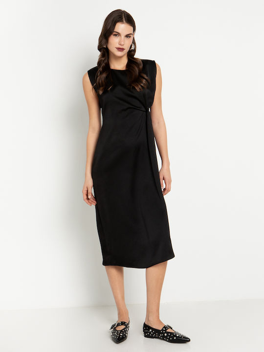Summer Midi Evening Satin Drape Dress with Tearing Black