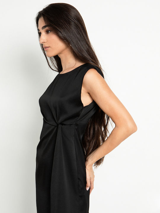 Summer Midi Evening Satin Drape Dress with Tearing Black