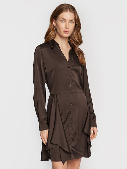 Alya Mini Evening Shirt Dress Satin Wrap Dark Brown