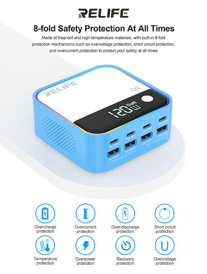 Relife Suport de Încărcare GaN cu 4 Porturi USB-A și 4 Porturi USB-C 120W Livrarea energiei în culoarea Albastru (Q2)