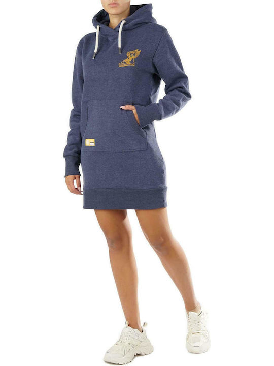 Mini Sportliches Damenkleid Langärmelig mit Kapuze Blau